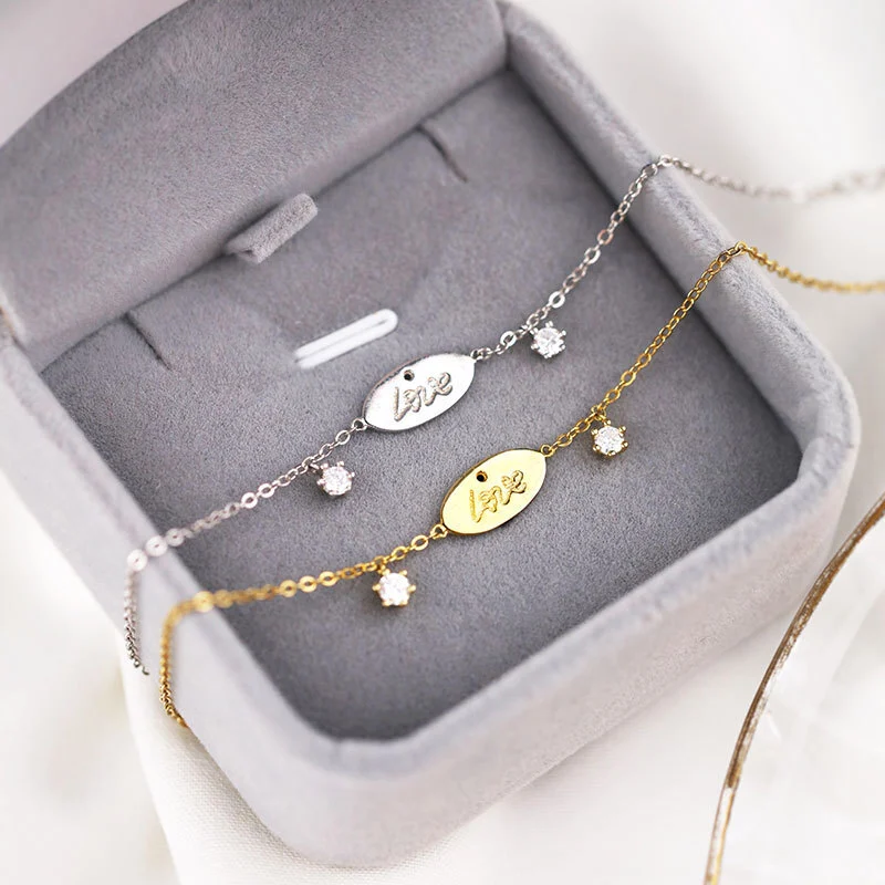 Hainon S925 Sterling Silver Love You Bracelet Simple Personality Lettering White Zircon Bracelet Gift Card Flannel Bag Set 1