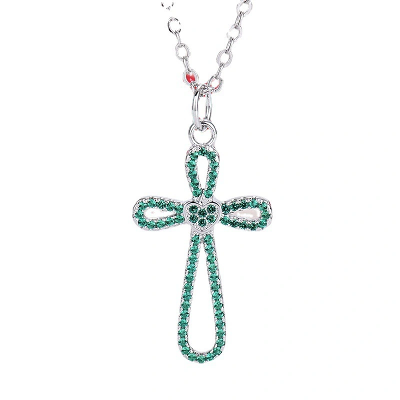 Hainon New Fashion Silver Plated Cross Pendant Necklace Jewelry for Women Red Green Zircon Heart Shape Pendant Wholesale 1