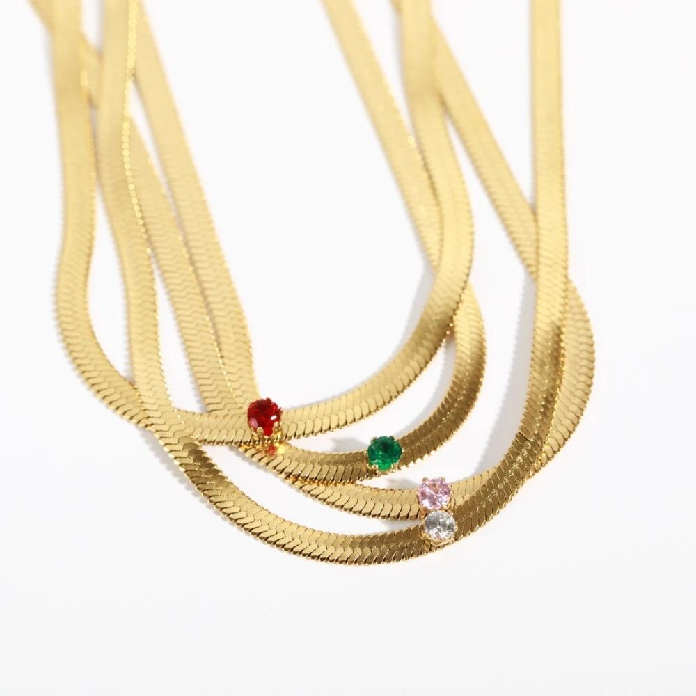 Hainon Fishbone chain 4MM with zircon necklace titanium steel necklace flat snake chain clavicle chain 1