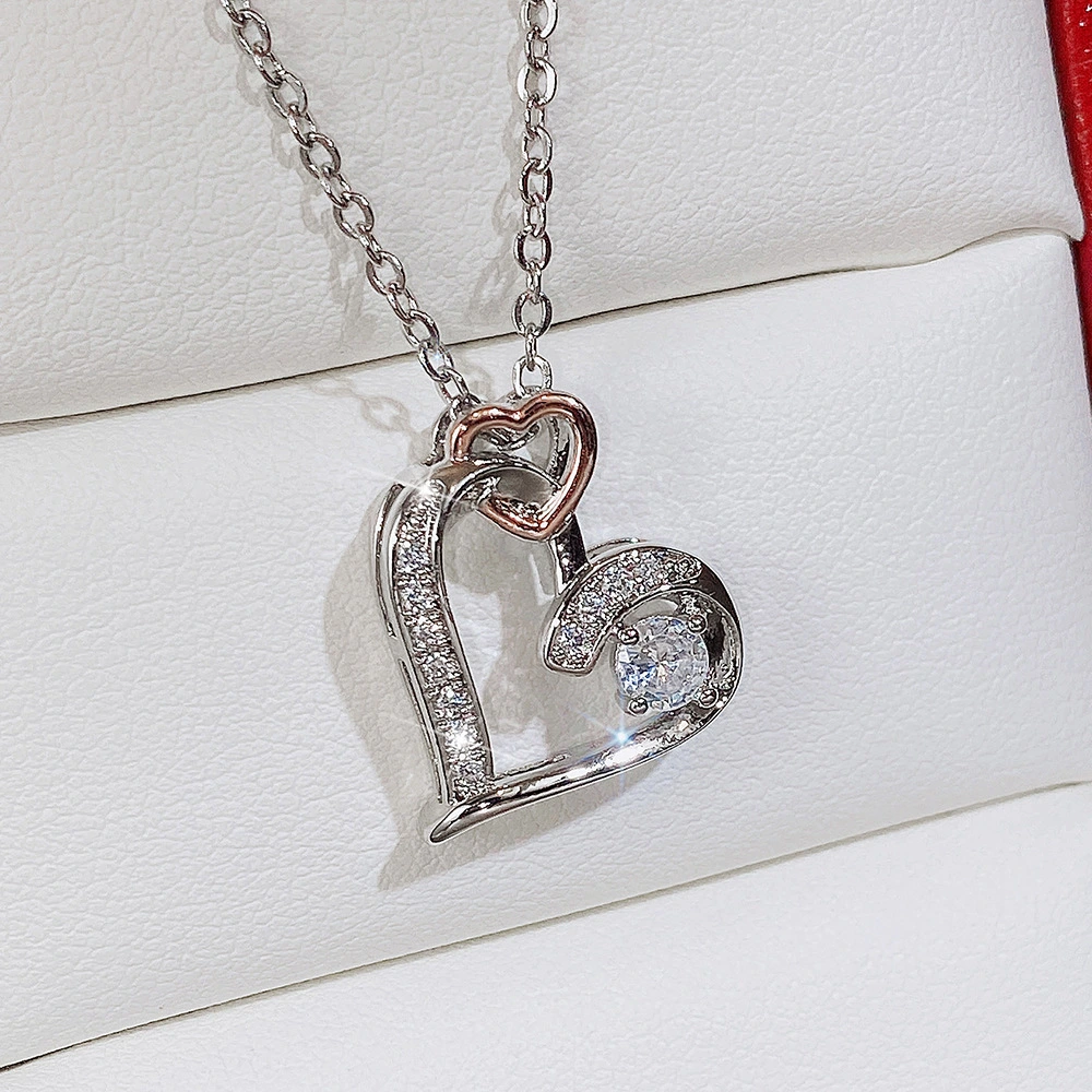 Hainon Creative Hollow Double Heart Zircon Necklace Two Color Fashion Heart Pendant Women's Necklace Gift card 1