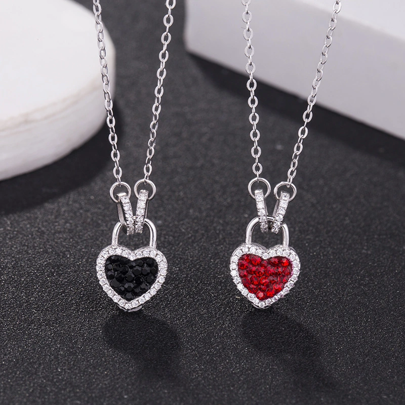 Hainon Double side heart lock black red necklace s925 sterling silver love heart pendant clavicle chain 1
