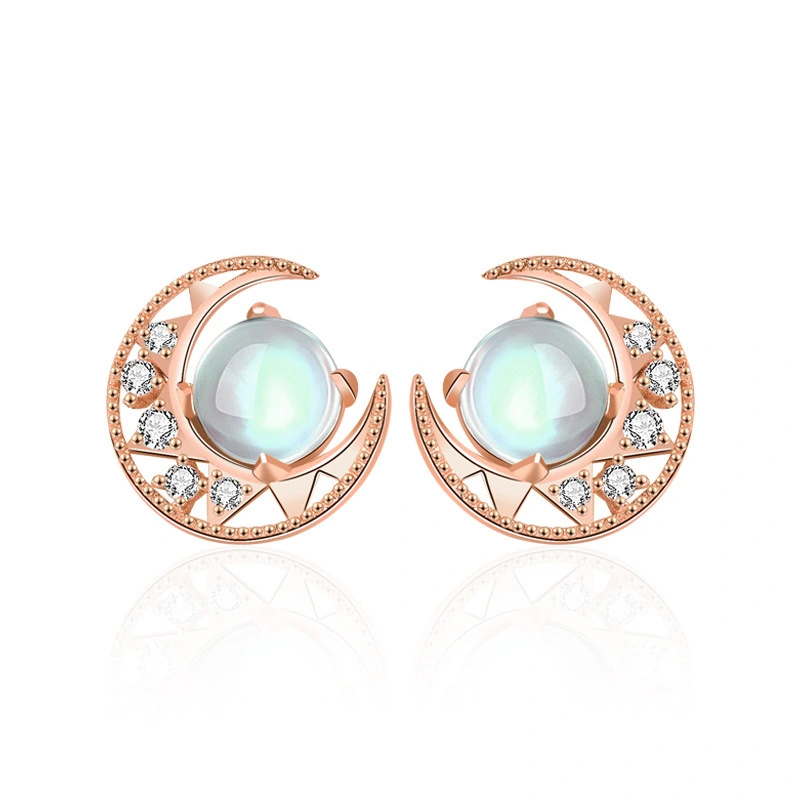 Hainon 925 Silver Stud Earrings for Women White Moonstone Romantic Moon Earrings Wholesale Silver Plated Zircon 2 Pairs 11mm 1