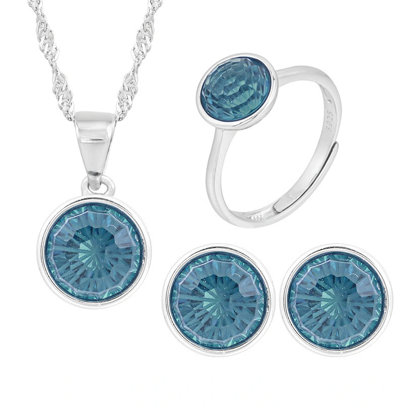 Sterling Silver jewelry set 8mm round blue zircon Ring Necklace Earrings Set for Women gift Anniversary Hainon Dropshipping 1