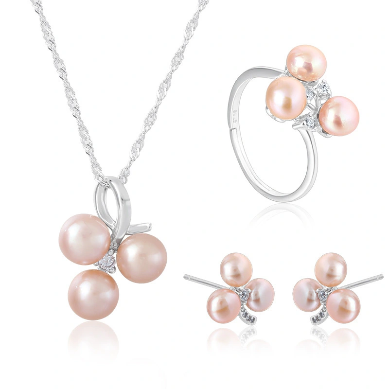 Hainon 2021 Sterling Silver jewelry set Elegant Pearl Ring Necklace Earrings Set for Women Anniversary gift Dropshipping 1