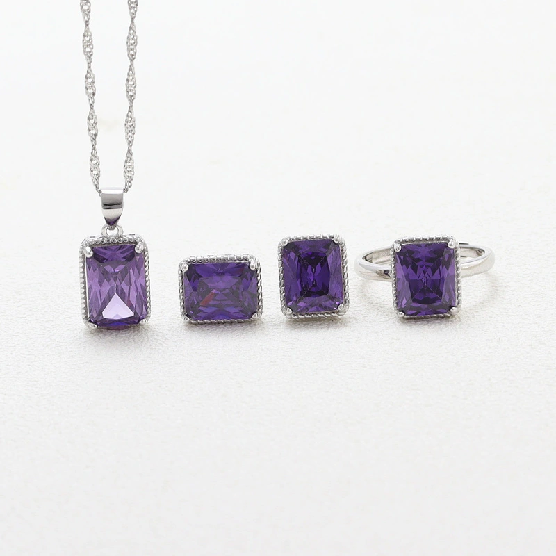 Hainon Sterling Silver jewelry set Elegant purple crystal Ring Necklace Earrings Set for Women gift Anniversary Dropshipping 1