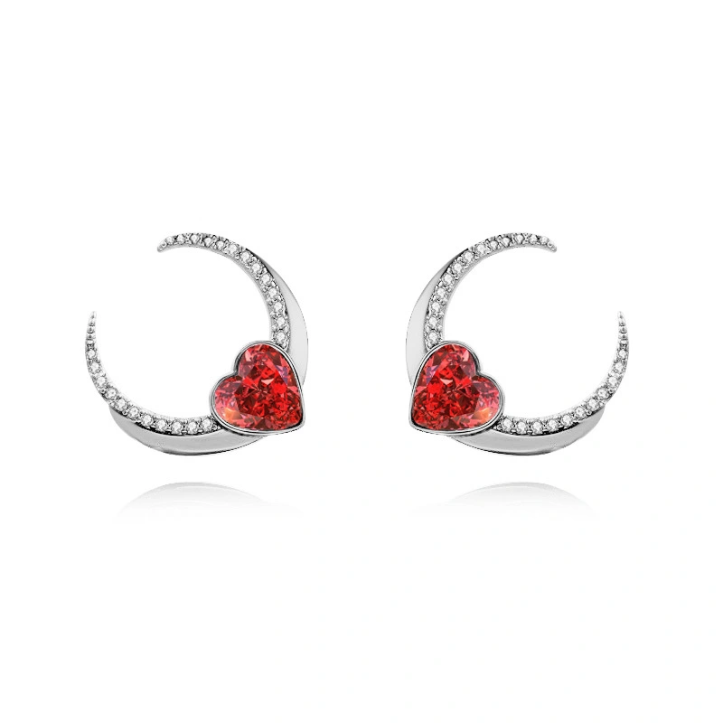 Hainon 925 silver Material stud earring moon shape Heart red black zircon Women silver earrings 2022 1