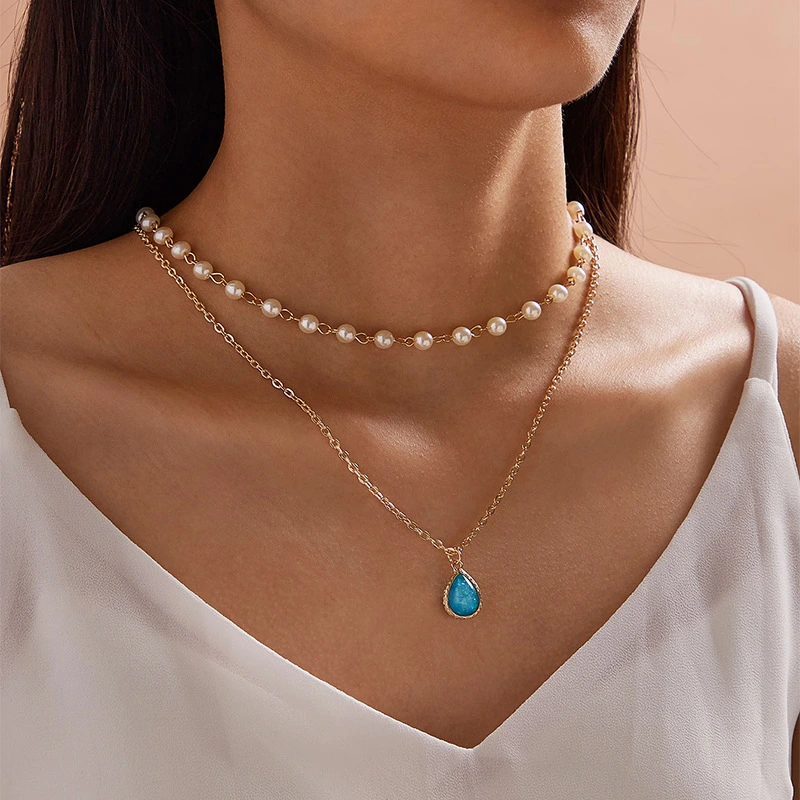 Hainon fashionable double chains necklace blue opal jewelry pendant necklace women Best holiday gifts 1