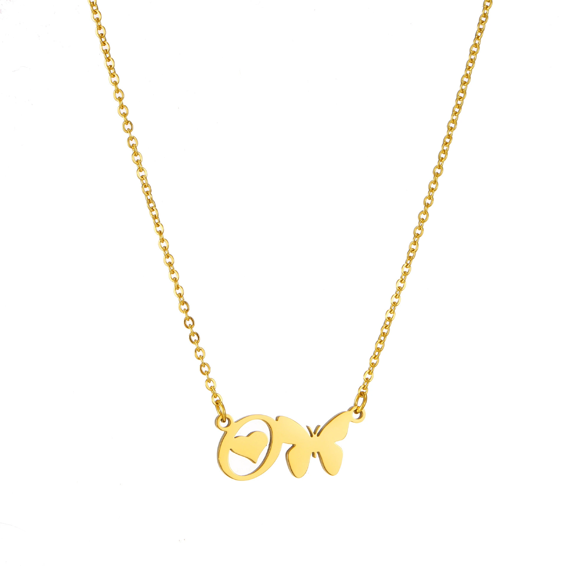 Hainon rose Gold Plated Stainless Steel Pendant butterfly Letter Necklace Chain Personalized Letter Necklace1 1
