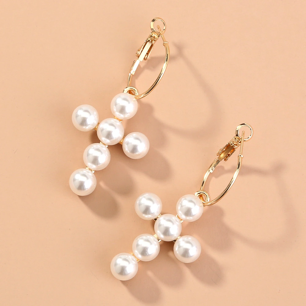 Hainon women jewelry hoop earrings New Simple cross gold plated water pearl earrings 1
