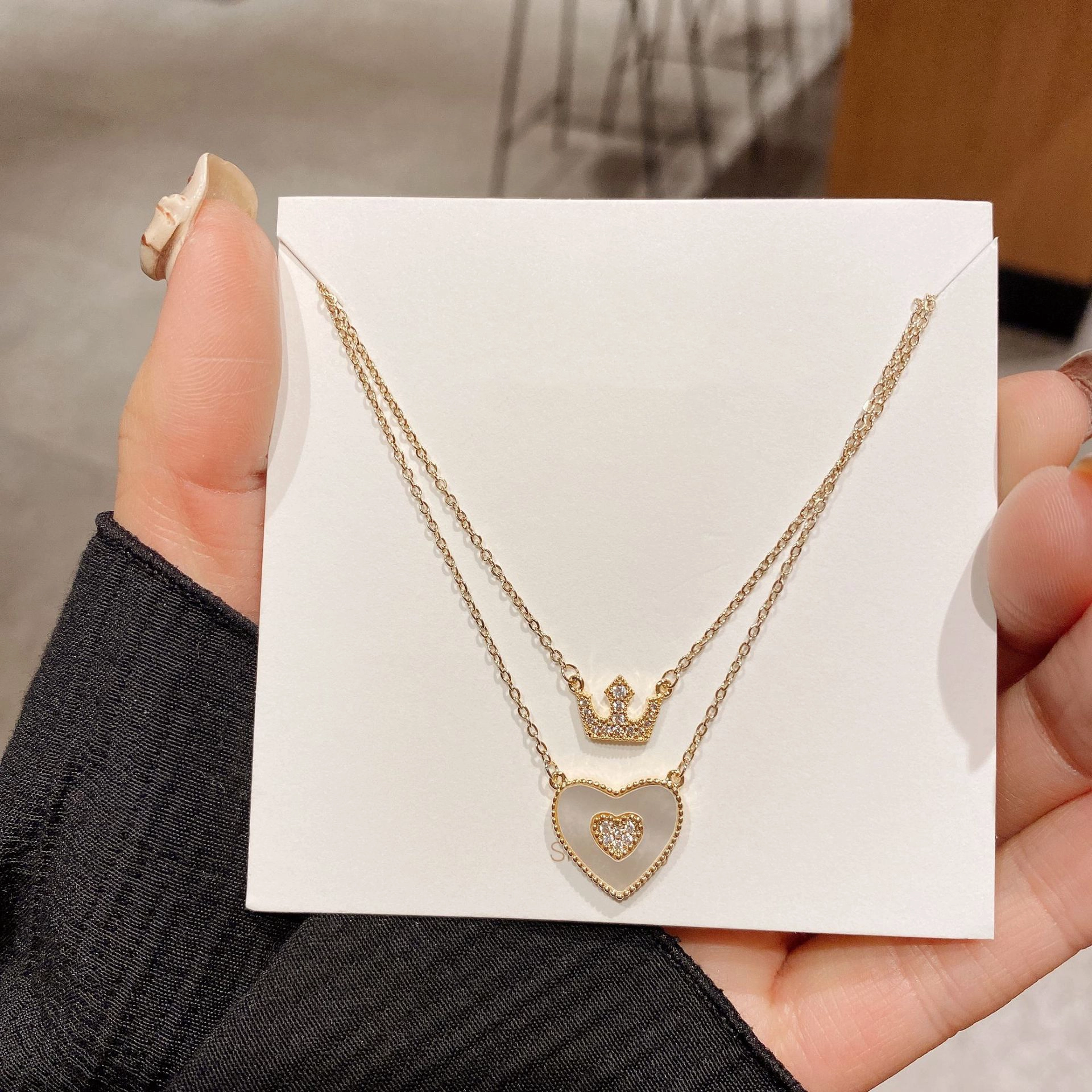 Hainon Double Layered Detachable Titanium Steel Clavicle Chain Set Temperament Crown Heart Shell Necklace 1