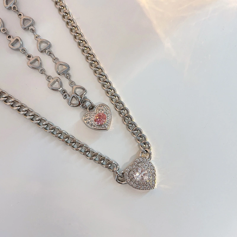 Hainon Pink Diamond Love Heart Clavicle Chain Titanium Steel Diamond Love Heart Stacked Necklace jewelry 1