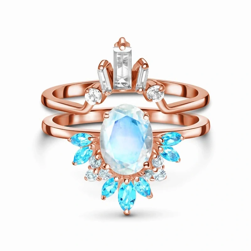 Hainon S925 Sterling Silver Double Ring Moonstone Rose Gold Ring Women's Set Ring Jewelry 1