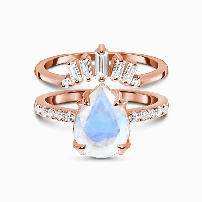 Hainon S925 Sterling Silver Double Ring Moonstone Rose Gold Ring Women's Combination Ring Jewelry 1