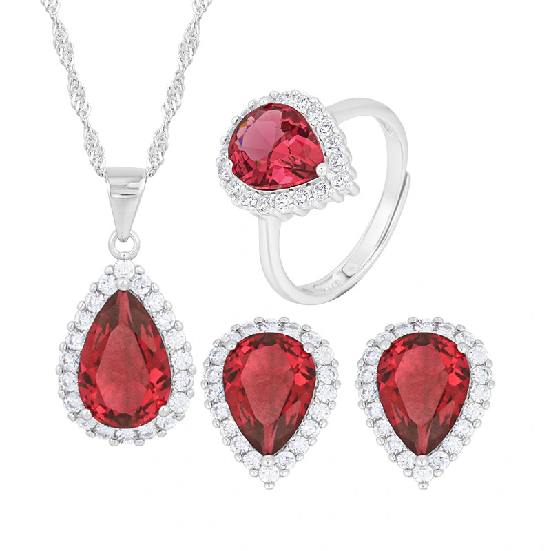 Hainon Sterling Silver jewelry set High quality Water Drop red zircon Ring pendant Necklace Earrings Set for Women gift 2022 1