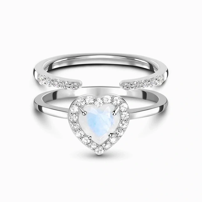 Hainon S925 Silver Heart Double Layer Rings Jewelry Women Wedding Rings 1