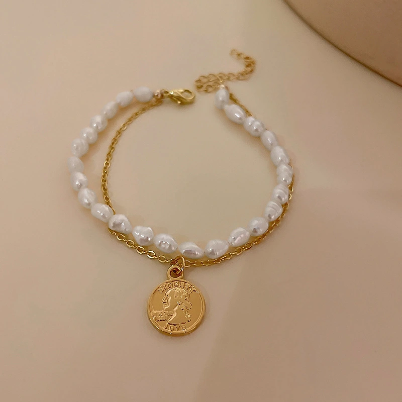 Hainon New Gold Color Plated Bracelet Alloy Charm carved Pearl Chain Bracelet For Women 1