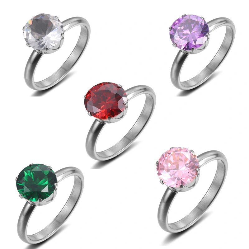 Hainon Stainless steel rings simple round crystal pink purple red green white High quality polishing women's rings wholesale 1