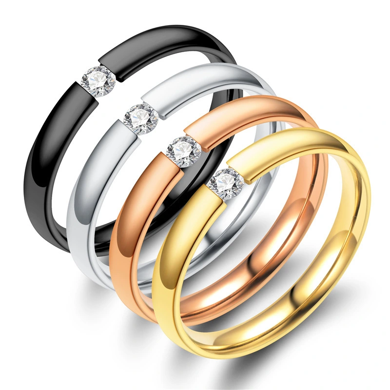 Trendy fashion beautiful Shiny zircon 3mm different color unisex stainless steel rings jewelry women 1