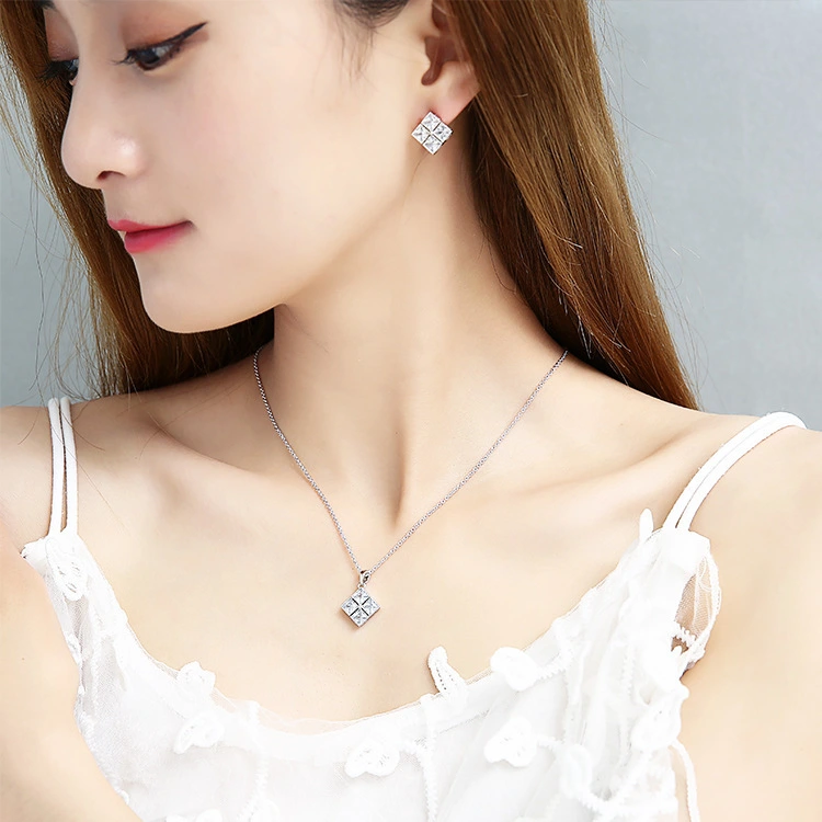 Platinum plating fashion jewelry sets Stud square zircon Earrings Necklace set for Women gift Christmas Hainon 1