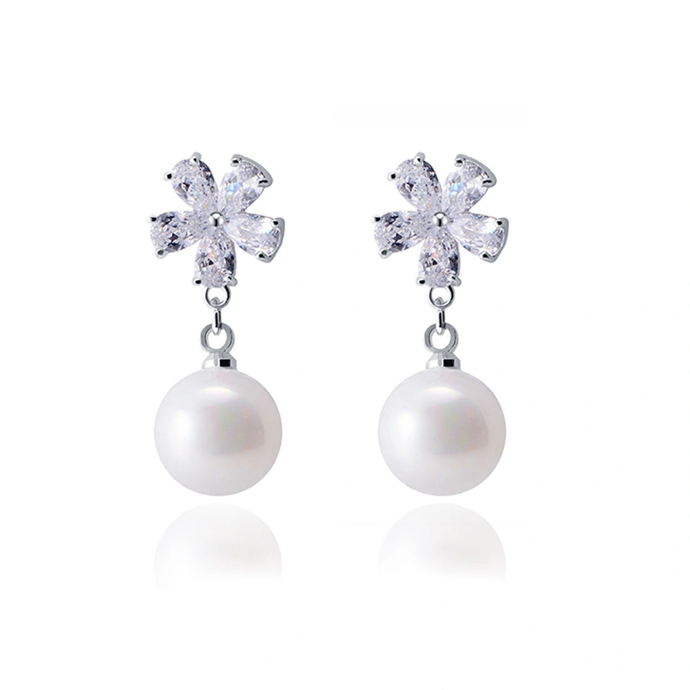 Hainon wholesale White Zircon Flower Pearl Stud Earrings women silver plated earrings 1