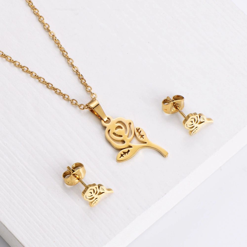 Hainon 2022 stainless steel jewelry sets fashion Rose jewelry set for women plated 18k gold 1