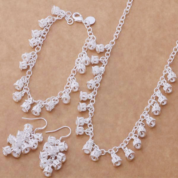 Hainon fashion jewelry set Plated 925 Silver Bracelet Necklace Earrings Crown Shape Fashion Bridal Jewellery Set 1