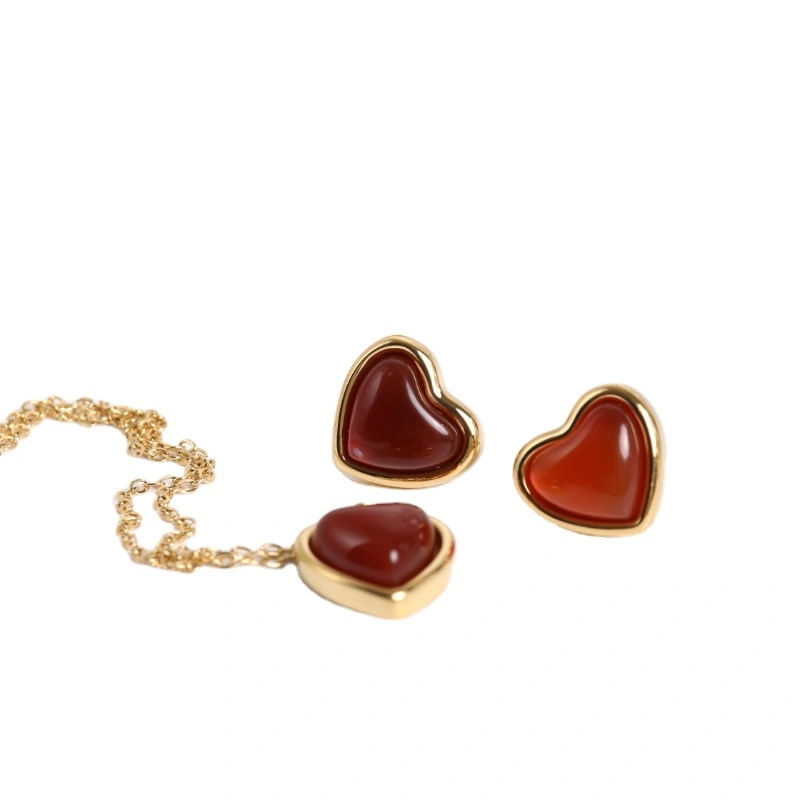 Hainon Gold Stainless Steel Natural Stone Onyx Pendant Necklace Heart Stud Earrings Jewelry Set 1