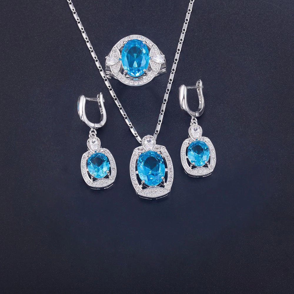 Hainon wholesale Three pcs custom made earring blue zircon necklace open ring zircon luxury jewelry set 1