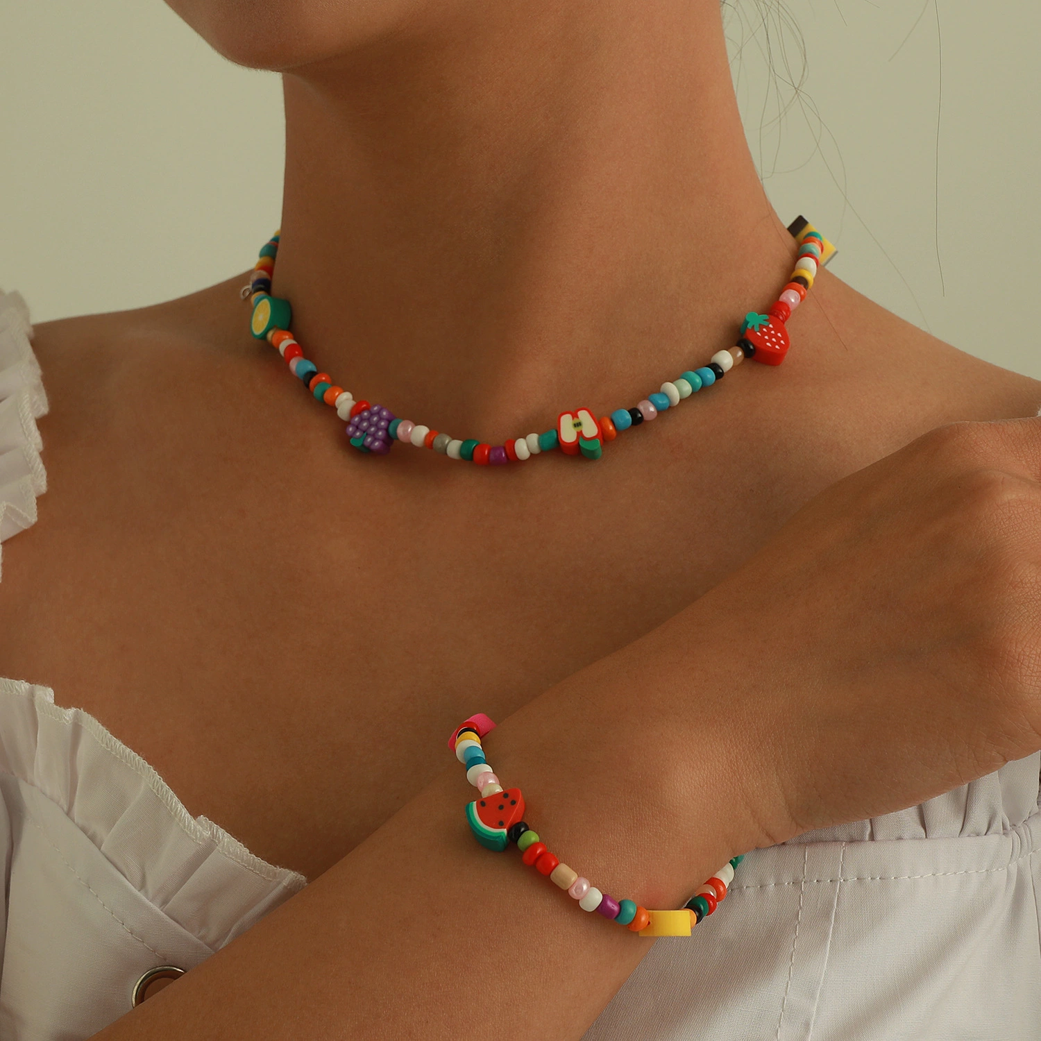 Hainon Sweet Fruit Beaded Rice Bead Necklace Kids Jewelry Set Watermelon Grapefruit Apple Necklace Bracelet Set 1