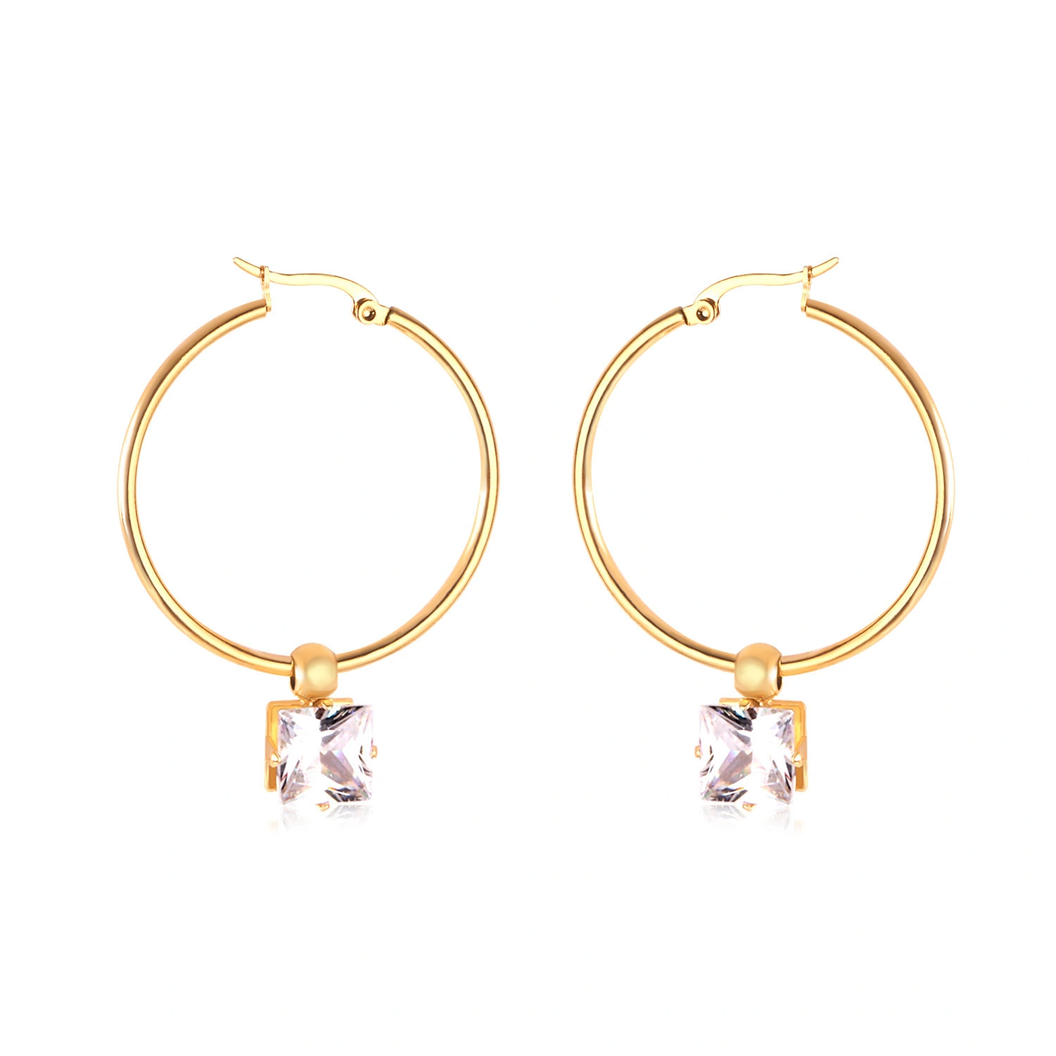 Hainon fashion stainless steel 35mm square white crystal earrings 18k gold plated gifts jewelry women hoop earrings 1