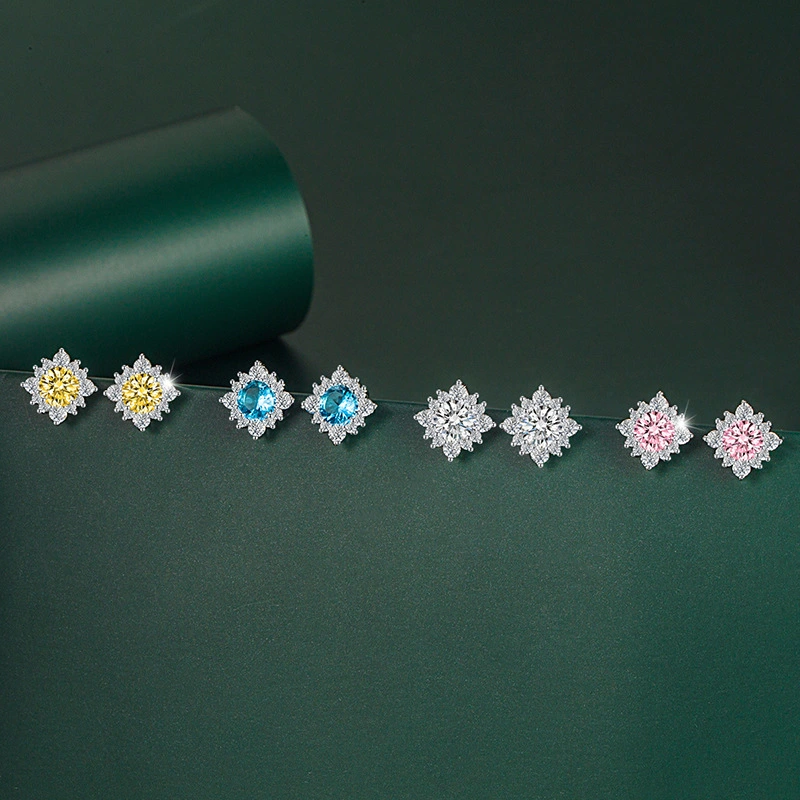 Hainon Hypoallergenic Jewelry Stud Earrings Bag Set Platinum Plating 925 Silver Zircon Gift Card Flannel Women 6mm Brass Flower 1