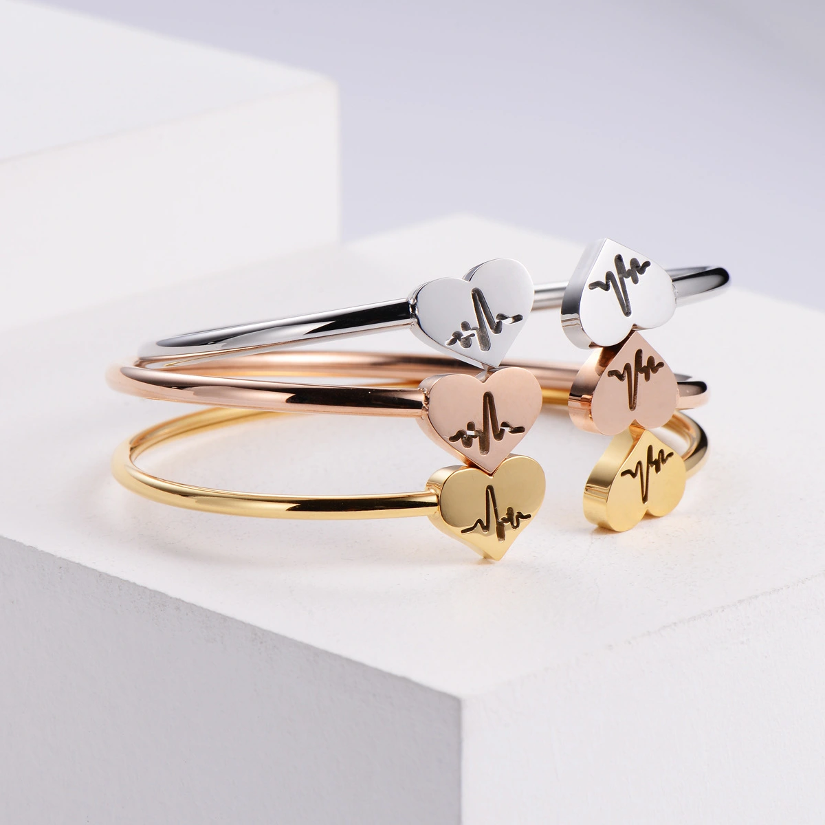 Hainon 2022 Titanium steel bangle women heart electrical graphics bracelet Golden Rose Gold color 1