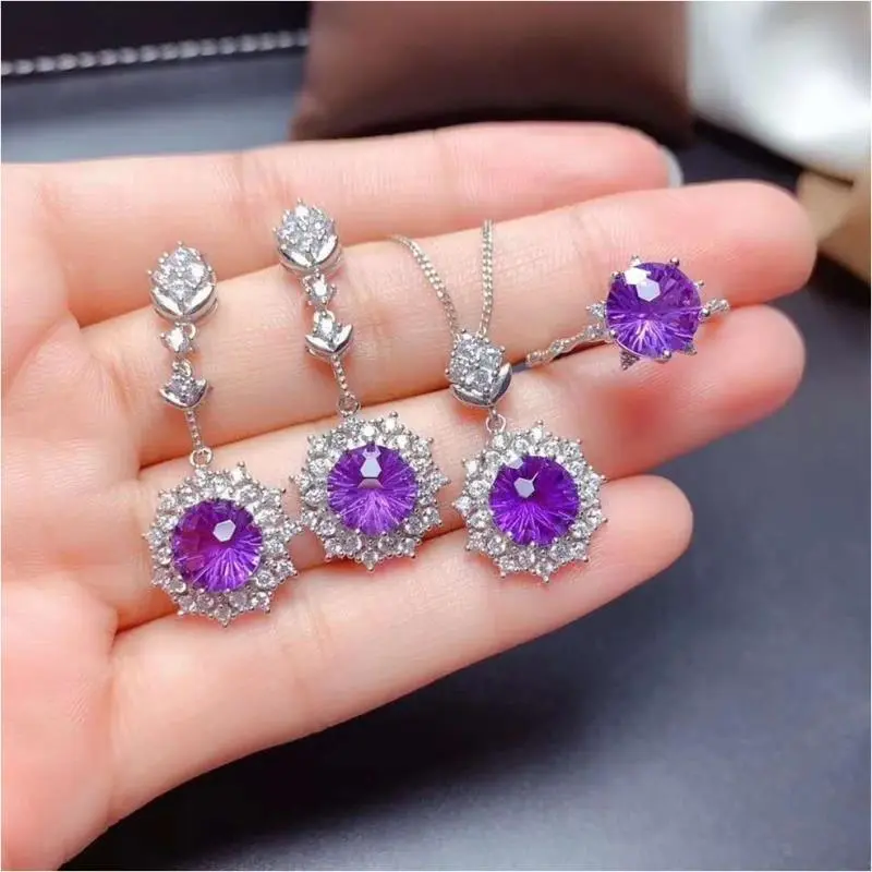 Hainon Purple zircon stone plated silver women jewelry sets earrings rings necklace Bride jewelry sets 1