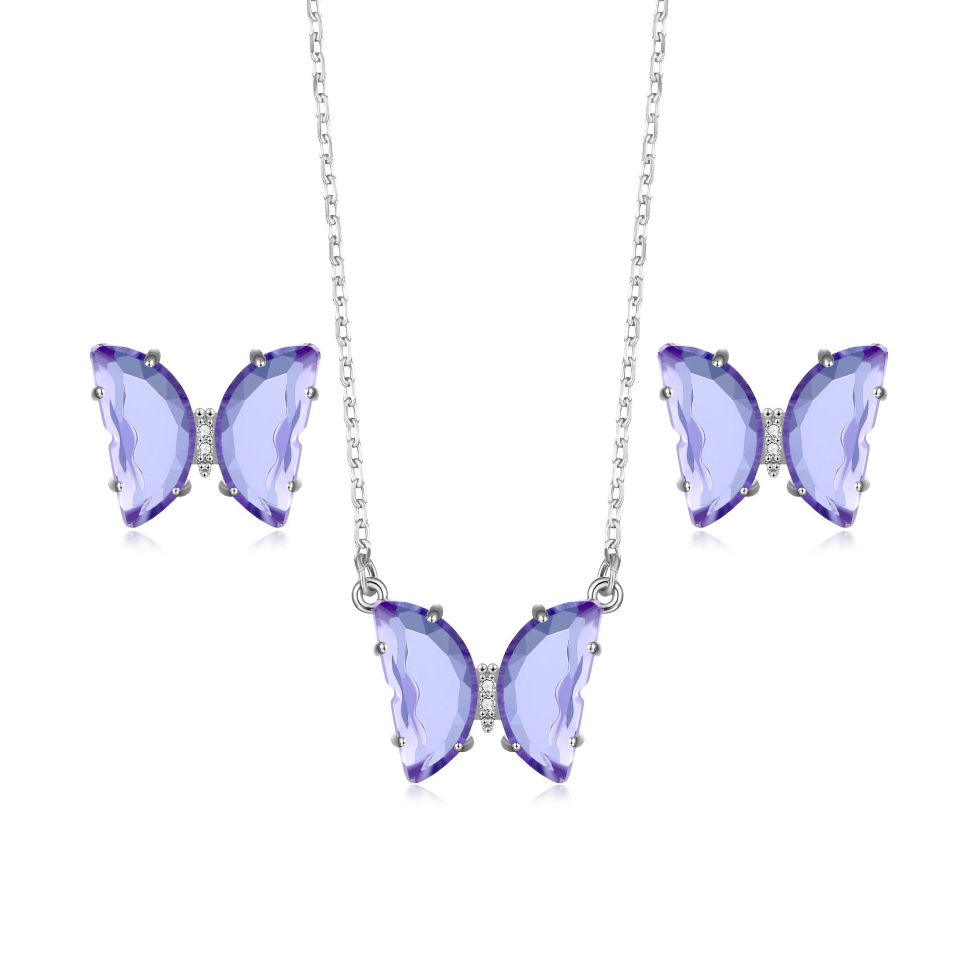 Hainon cheap jewelry set stud earring necklace Butterfly pink blue purple crystal 925 silver plated jewelry set wholesale 1