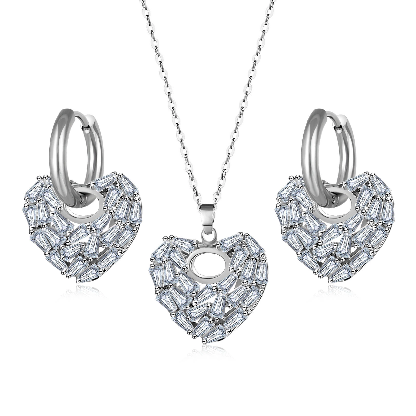 Hainon cheap jewelry set stud earring necklace Stitching heart-shaped white gold plated white zircon Cheap wholesale 1