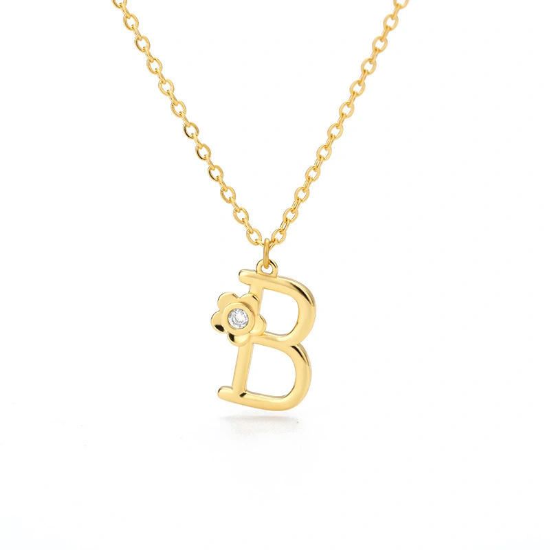 Hainon Stainless Steel Gold Capital English Letter Necklace Bohemian Style Rose Flower Pendant with zircon 1