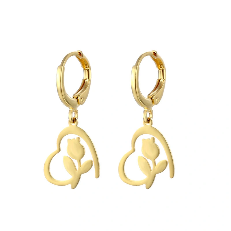 Hainon cute wholesale fashion Gold Plated stainless steel rose flower Earrings heart drop Earrings for girls 1