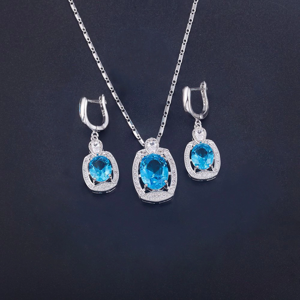 Hainon high quality Fashion Jewelry brass Shiny blue zircon Necklace Earrings set bridal necklace jewelry set 1