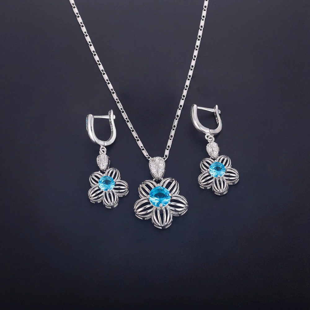Hainon wholesale luxury blue round Zircon Pendant Necklace and Earrings set bridal jewelry set for wedding 1