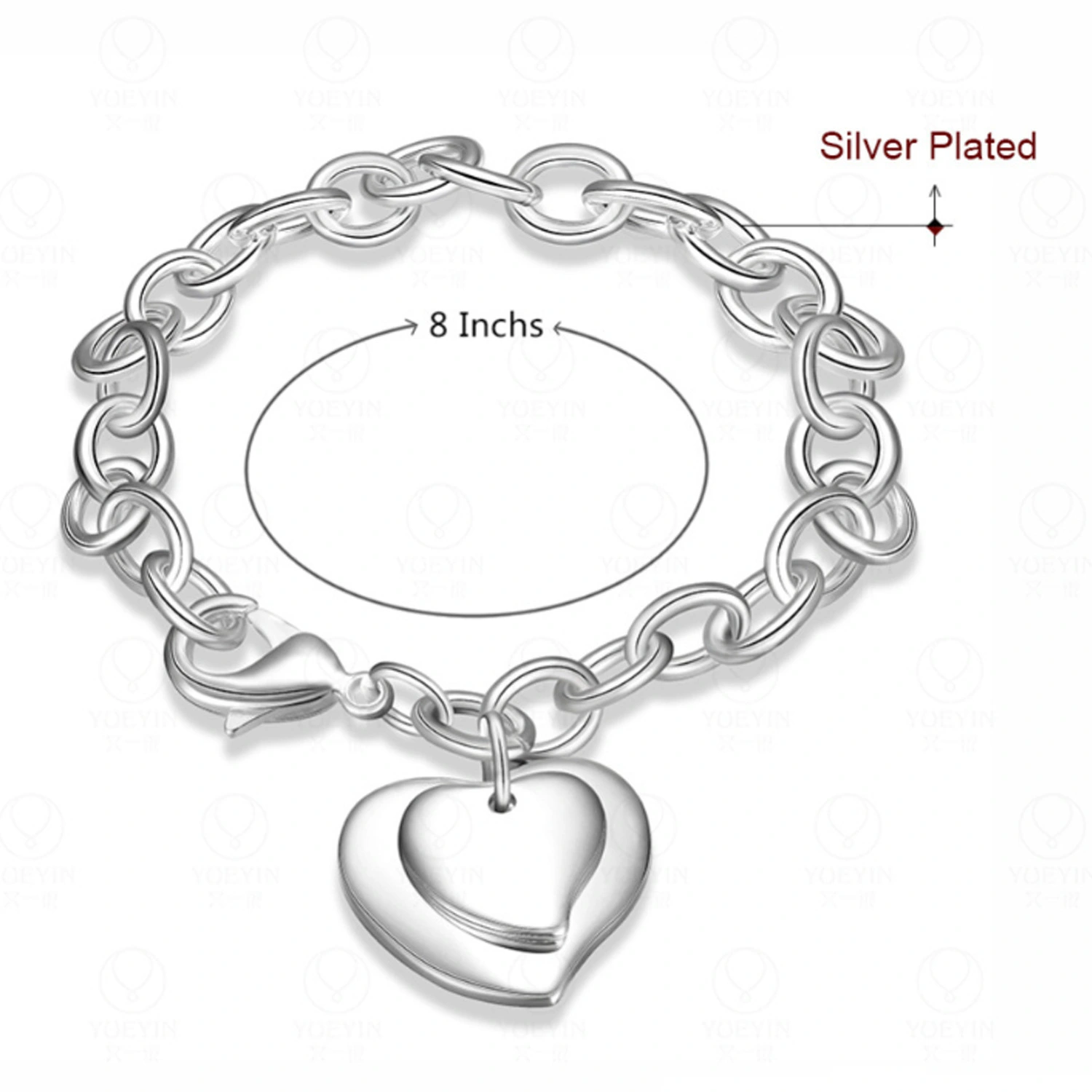 Hainon Wholesale hot sale jewelry bracelet fashion heart shape exquisite silver plated bracelet gift card flannel bag set 1