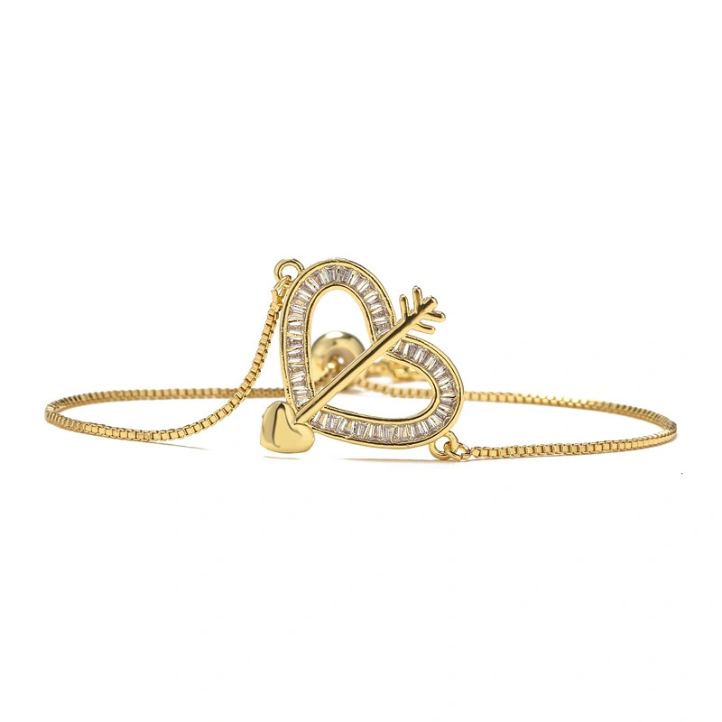 Hainon 18K Gold Micro-inlaid Zircon Women's Bracelet Heart-shaped Pull-out Adjustable Bracelet Valentine's Day Gift 1