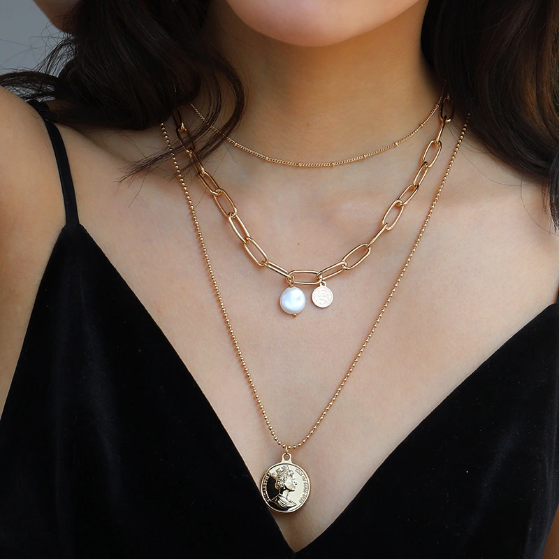 2021 summer women necklace Retro coin pendant Pearl multi-layer necklace 1