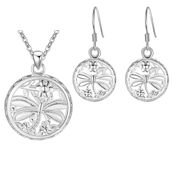 Hainon Hollow dragonfly flower Pendant Necklaces and Earrings Jewelry Set ladies jewelry set wedding Gift card 1