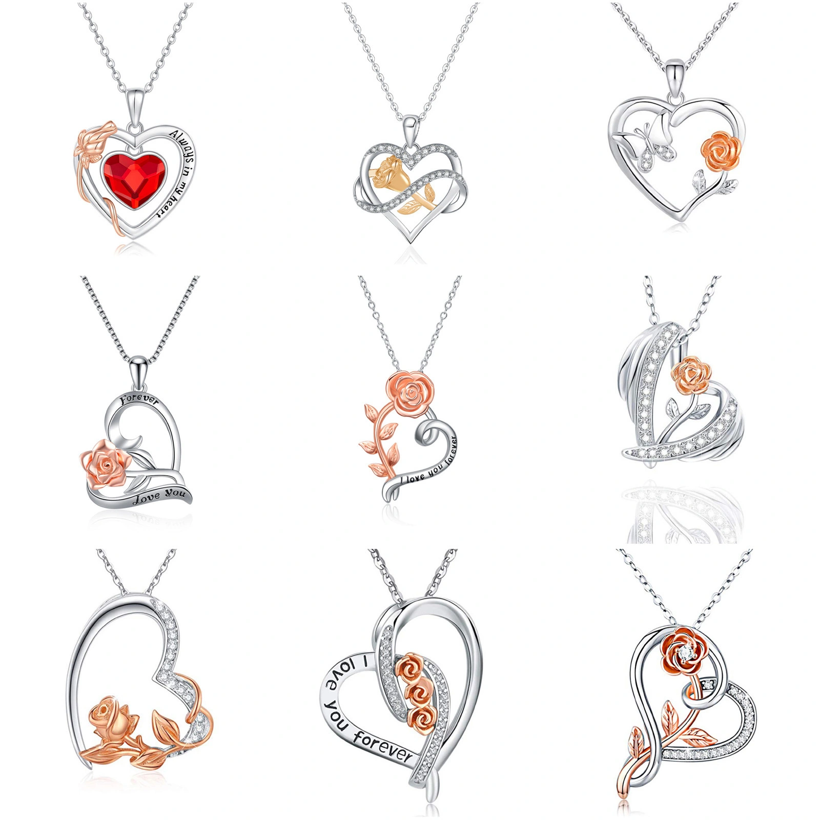 Hainon Wedding Valentine Gift Mom Heart Necklace Silver Plated I Love You Forever Rose Flower Heart Pendant Necklace 1