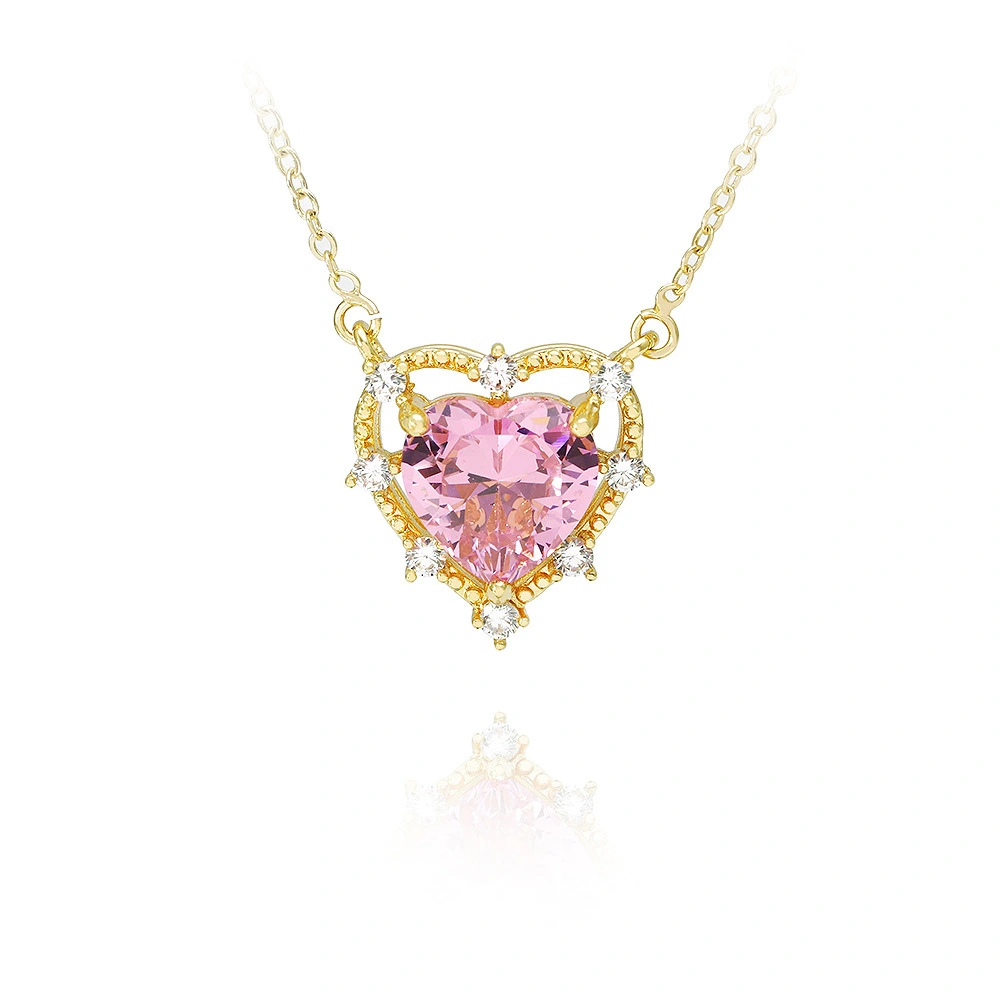 Hainon Fashion exquisite heart necklace simple sweet gold plated chain purple pink zircon love necklace 1