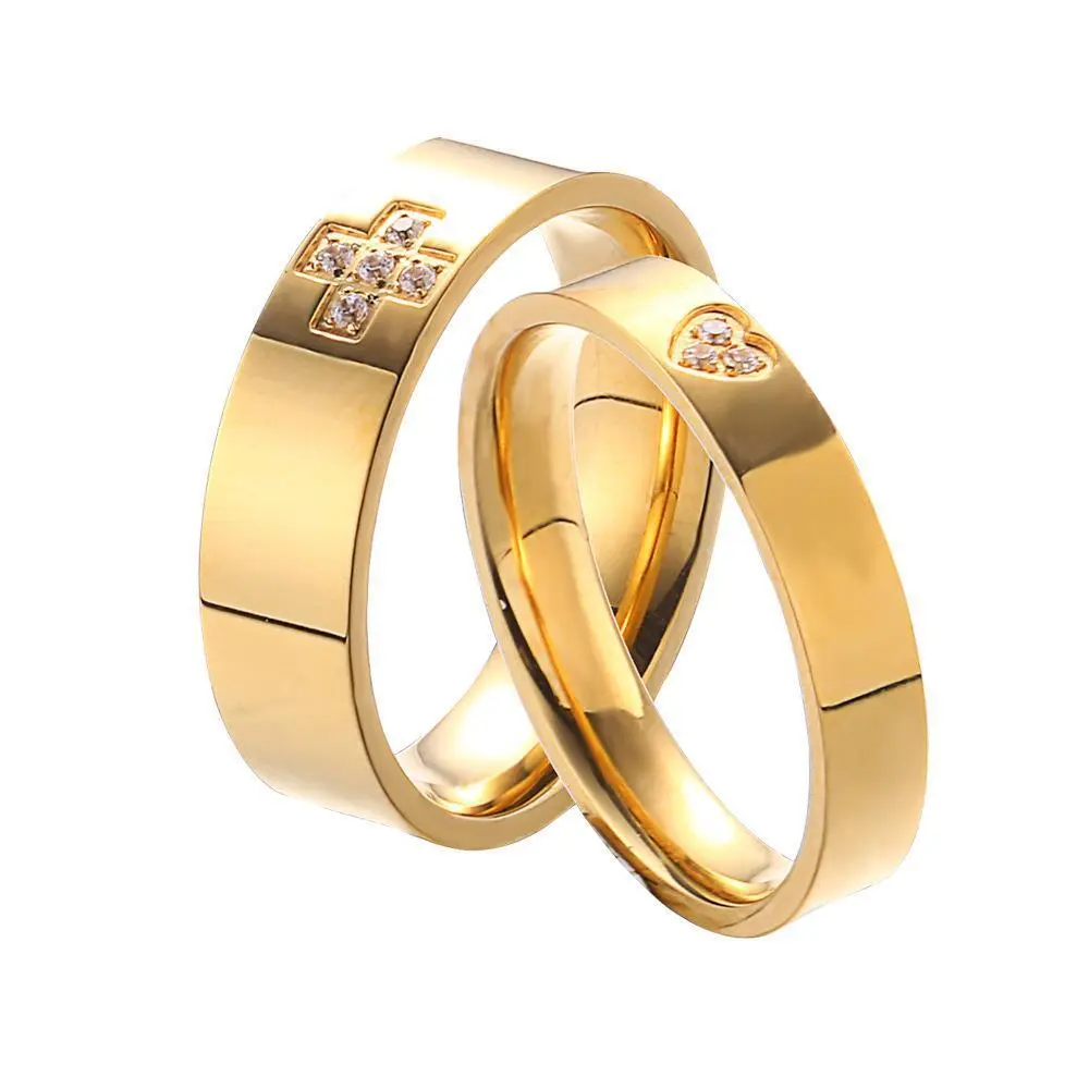 Hainon Simple Titanium Steel Glossy 18K Gold Plated Cross Love Diamonds Men Women Couple Rings Stainless Steel Pair Rings 1