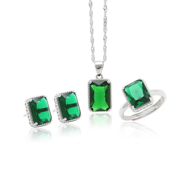 Hainon Sterling Silver jewelry set 8mm Square emerald crystal Ring Necklace Earrings Set for Women gift Dropshipping 1