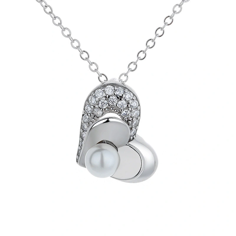Hainon Fashion s925 Sterling Silver CZ Diamond Heart Pendant Necklace Pearl Charm Romantic Wedding Necklace Gifts 1