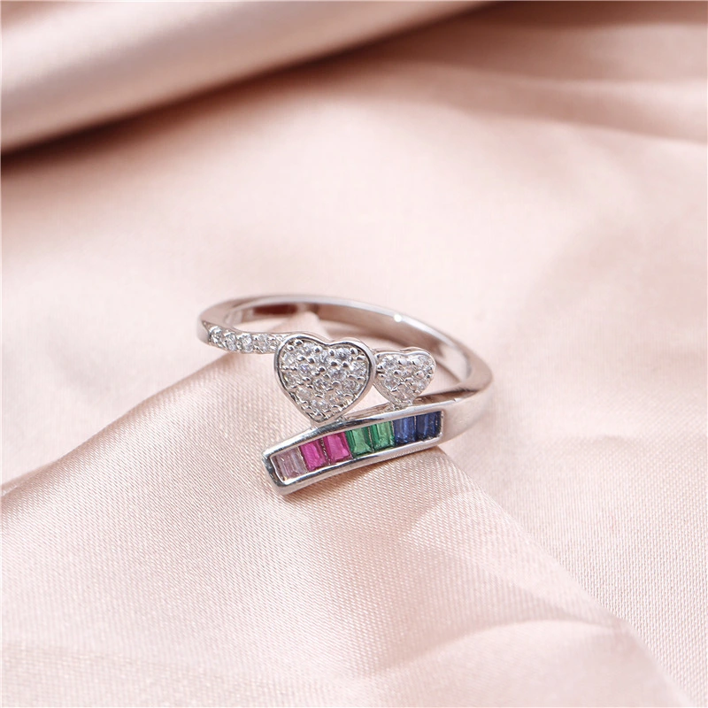 Hainon Luxury Fashion Silver Plated Mutil-color Zircon Rings Jewelry For Women Love Heart Design Rings Wholesale 1