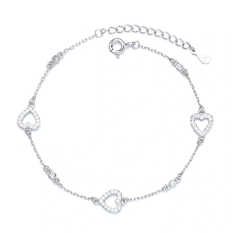 Hainon Spot wholesale S925 sterling silver full zircon heart temperament silver bracelet Gift card flannel bag set 1